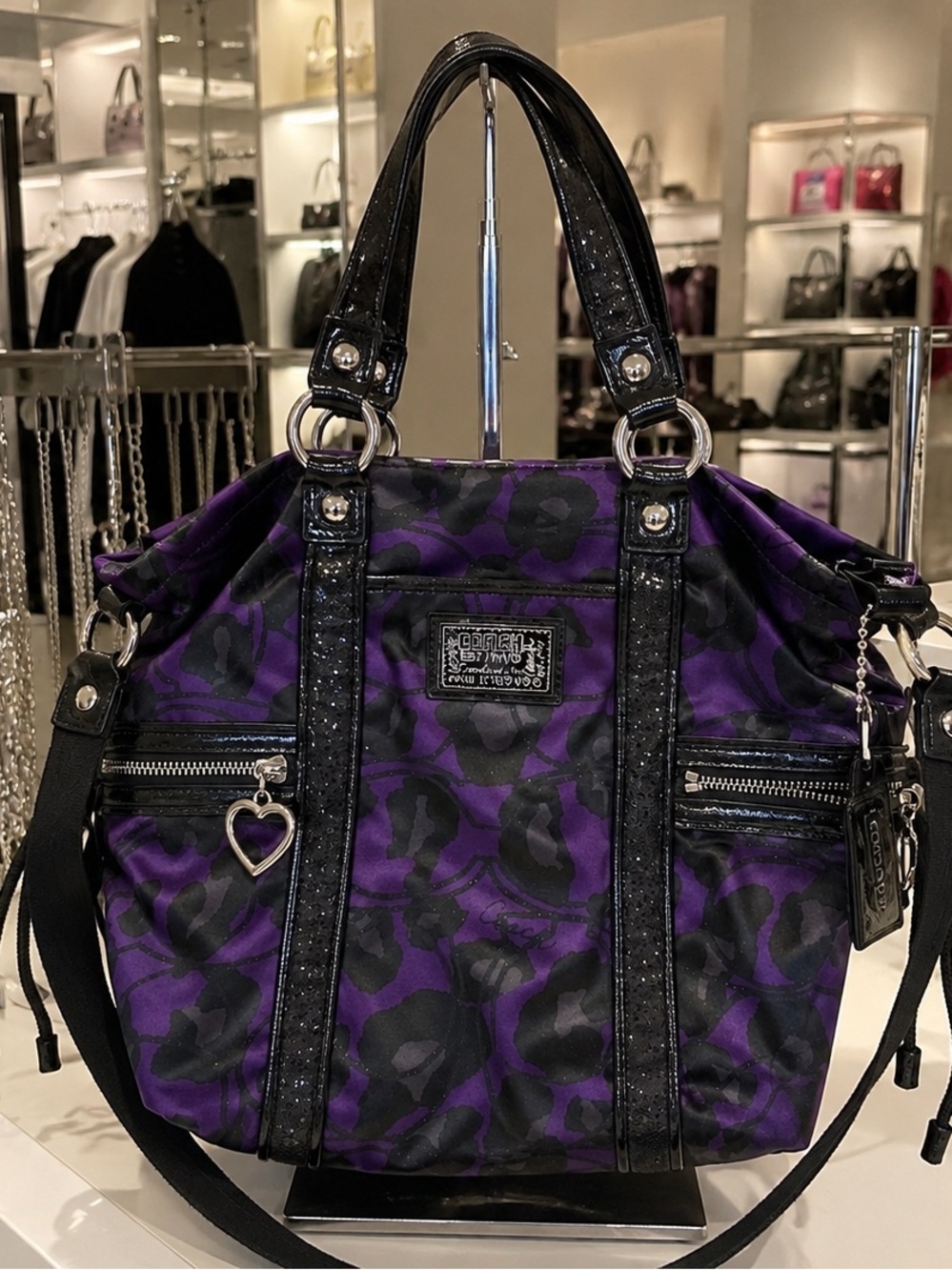 Coach Poppy Ocelot Print Purple and Black Tote with Heart Charm Accent Y2K. NWOT